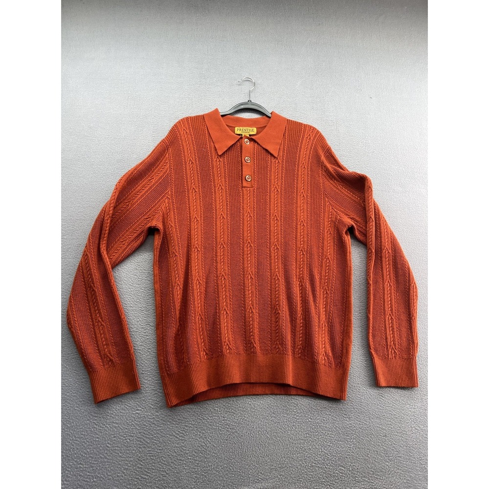 Prestige Original Sweater Mens XL Orange Cable Knit Polo Long Sleeve Pullover